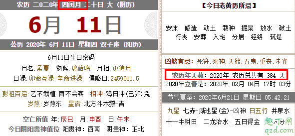 2020年阴历多少天数 2020年闰月吗是几月2