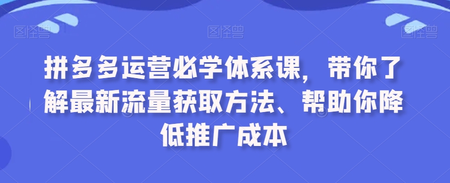 拼多多运营必学体系课程，最新流量获取方法、帮助你降低推广成本