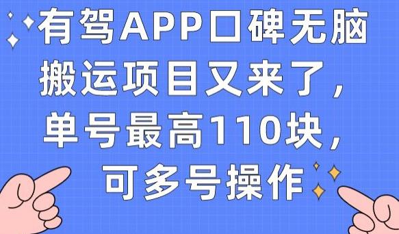 有驾APP口碑无脑搬运项目又来了，单号最高110块，可多号操作