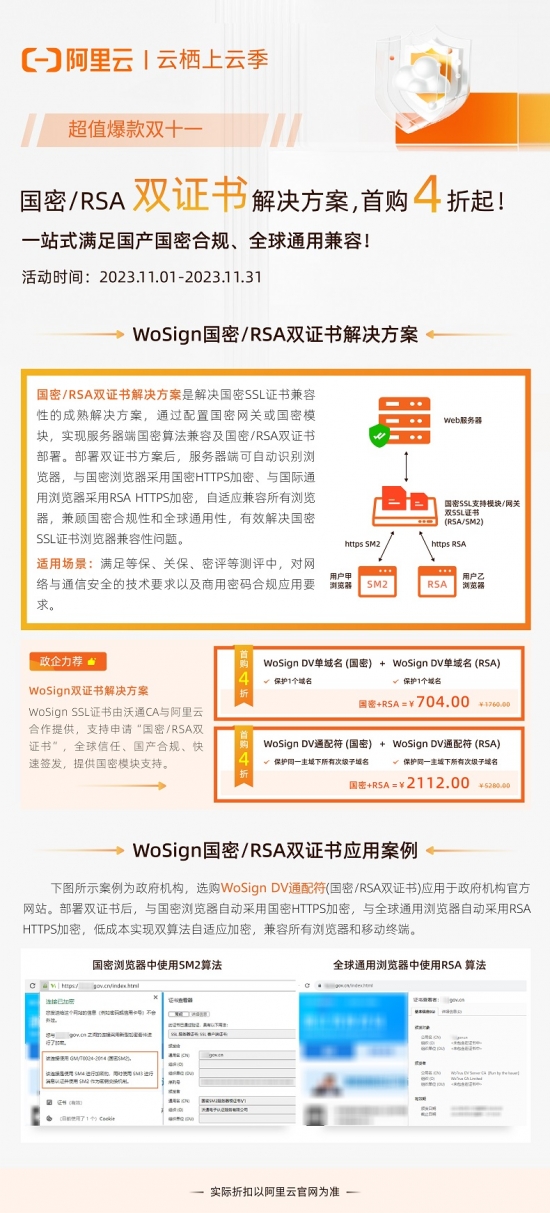 阿里云双十一WoSign SSL国密RSA双证书首购4折优惠