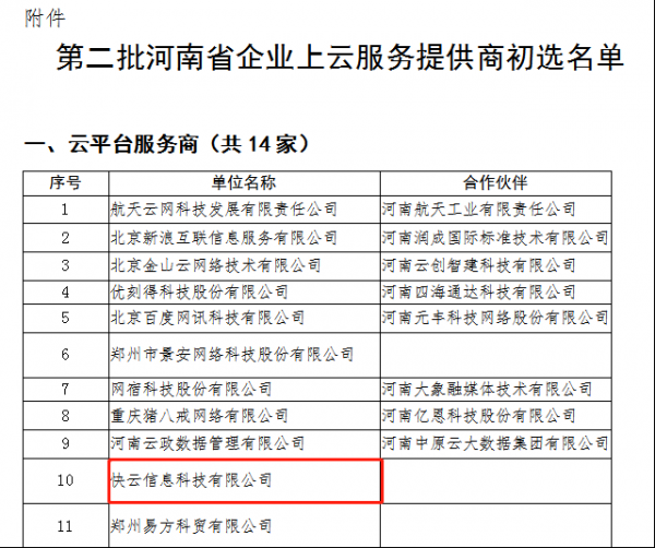 祝贺快云成功入选河南省“企业上云”云平台服务商