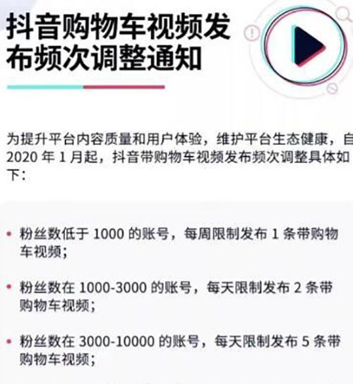 抖音带货规则最新调整：购物车视频发布次数由粉丝数决定 短视频 抖音 微新闻 第1张