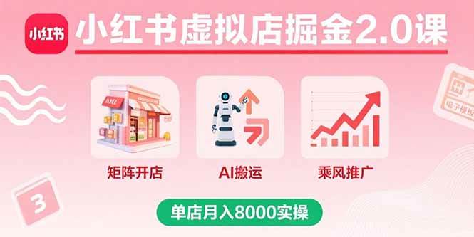 小红书虚拟店掘金2.0课，矩阵开店+AI搬运+乘风推广，单店月入8000实操