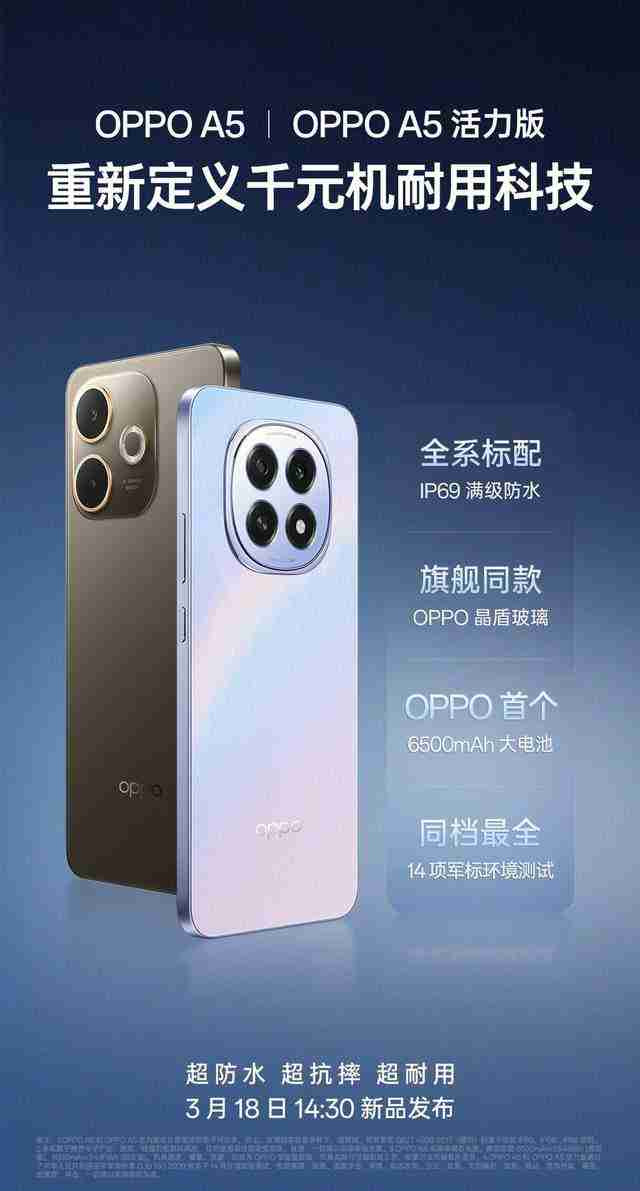  千元机标配 IP69 满级防水！OPPO A5 系列新品开启预售 