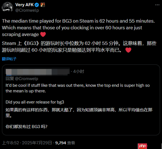 发行总监透露《博德之门3》游玩时长中位数：高达62小时55分！