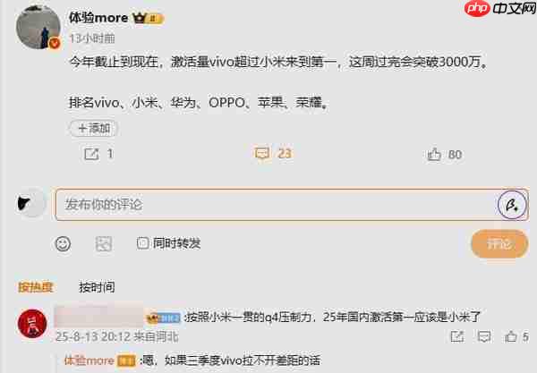 2025 年国内手机累计激活量排名：小米第二 苹果第五 