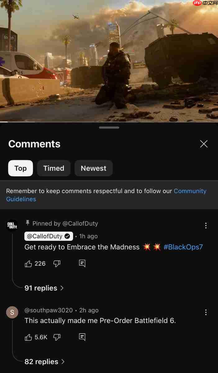 《使命召唤:黑色行动7》预告发布后 顶部评论:轻松选择《战地6》