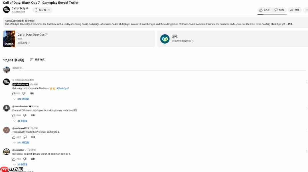《使命召唤:黑色行动7》预告发布后 顶部评论:轻松选择《战地6》