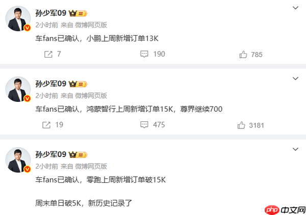 三大新势力新增订单曝光 鸿蒙零跑达1.5万 小鹏约1.3万