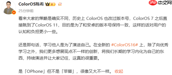 OPPO陈希回应ColorOS改版本号：是OPhone但不是苹替