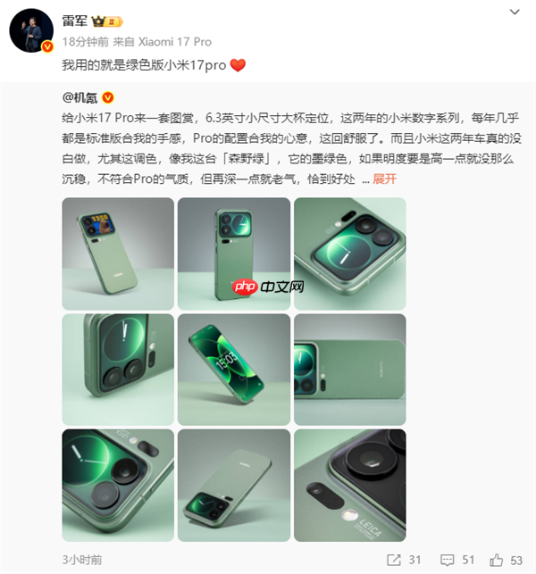 你最心动小米17pro哪款颜色 雷军自曝了：我用的是绿色版