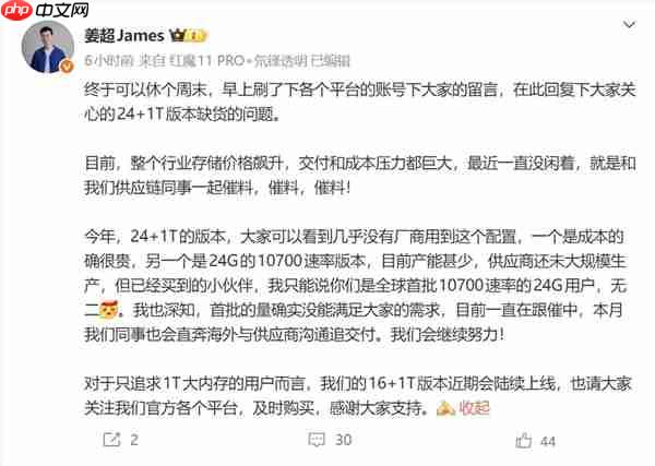 几乎所有厂商都放弃了24G+1T版本 红魔姜超：成本太贵 产能很少