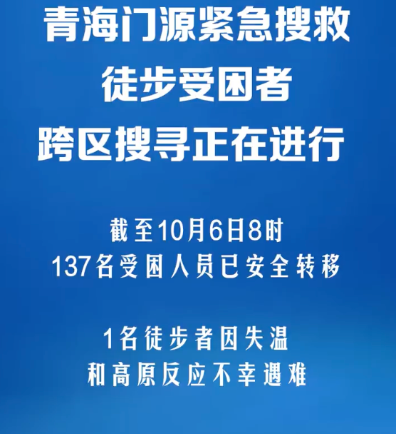 青海门源1名徒步者失温高反遇难：137名受困徒步者安全转移