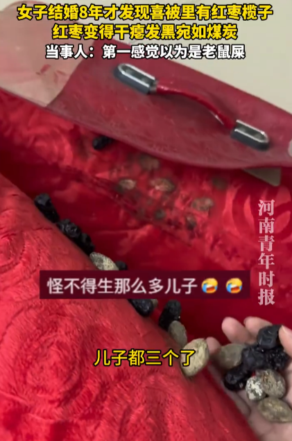 结婚8年生3儿子才发现喜被里红枣 网友：这是真枣（早）生贵子了