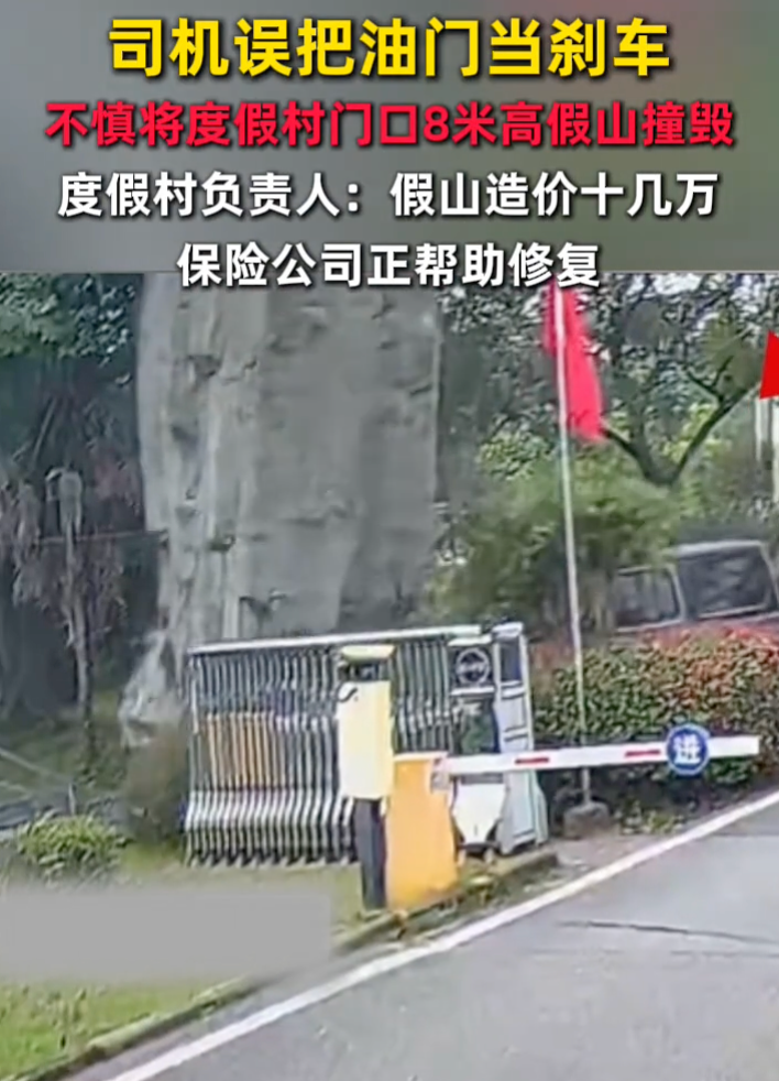 司机误把油门当刹车将8米高假山撞毁 度假村负责人：假山造价十几万 - 创想鸟