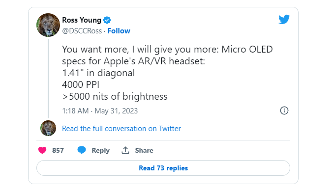 苹果首款AR/VR头显屏幕规格曝光，峰值亮度超过5000nit