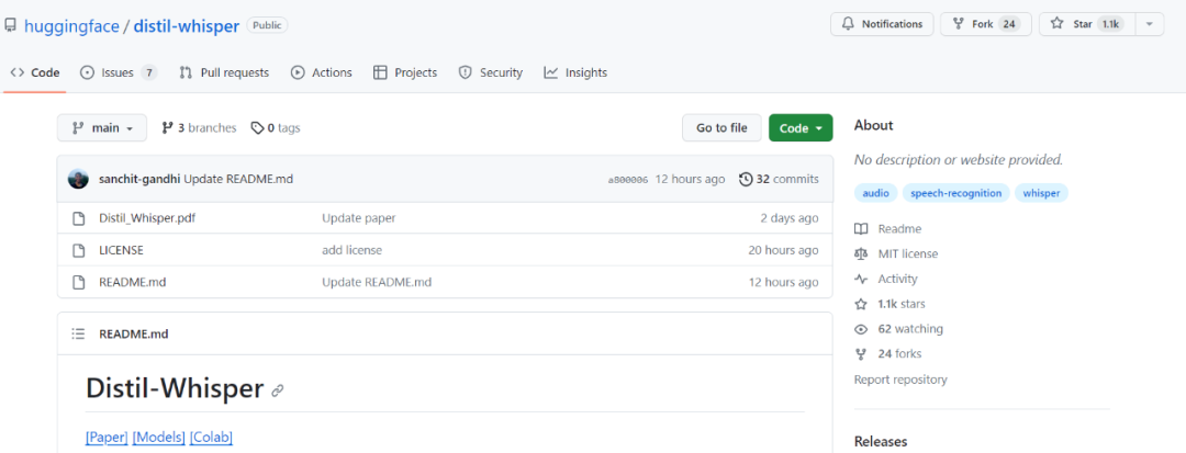 OpenAI的Whisper蒸馏后，语音识别速度大幅提升：两天内star量突破千