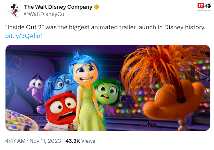 迪士尼新片《头脑特工队 2》预告片24小时内破纪录达1.57亿次播放量，超越《冰雪奇缘 2》