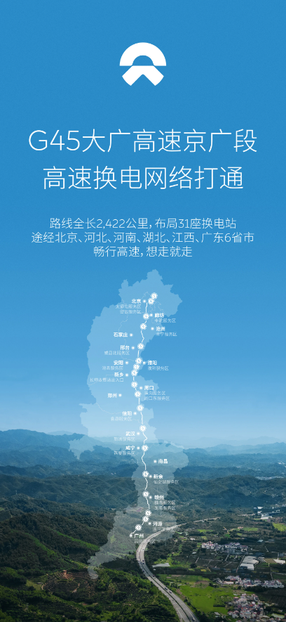 蔚来汽车实现G45大广高速京广段高速换电网络全线畅通