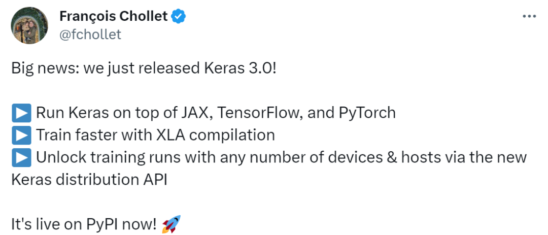 keras 3.0正式发布：可用于tensorflow、jax和pytorch
