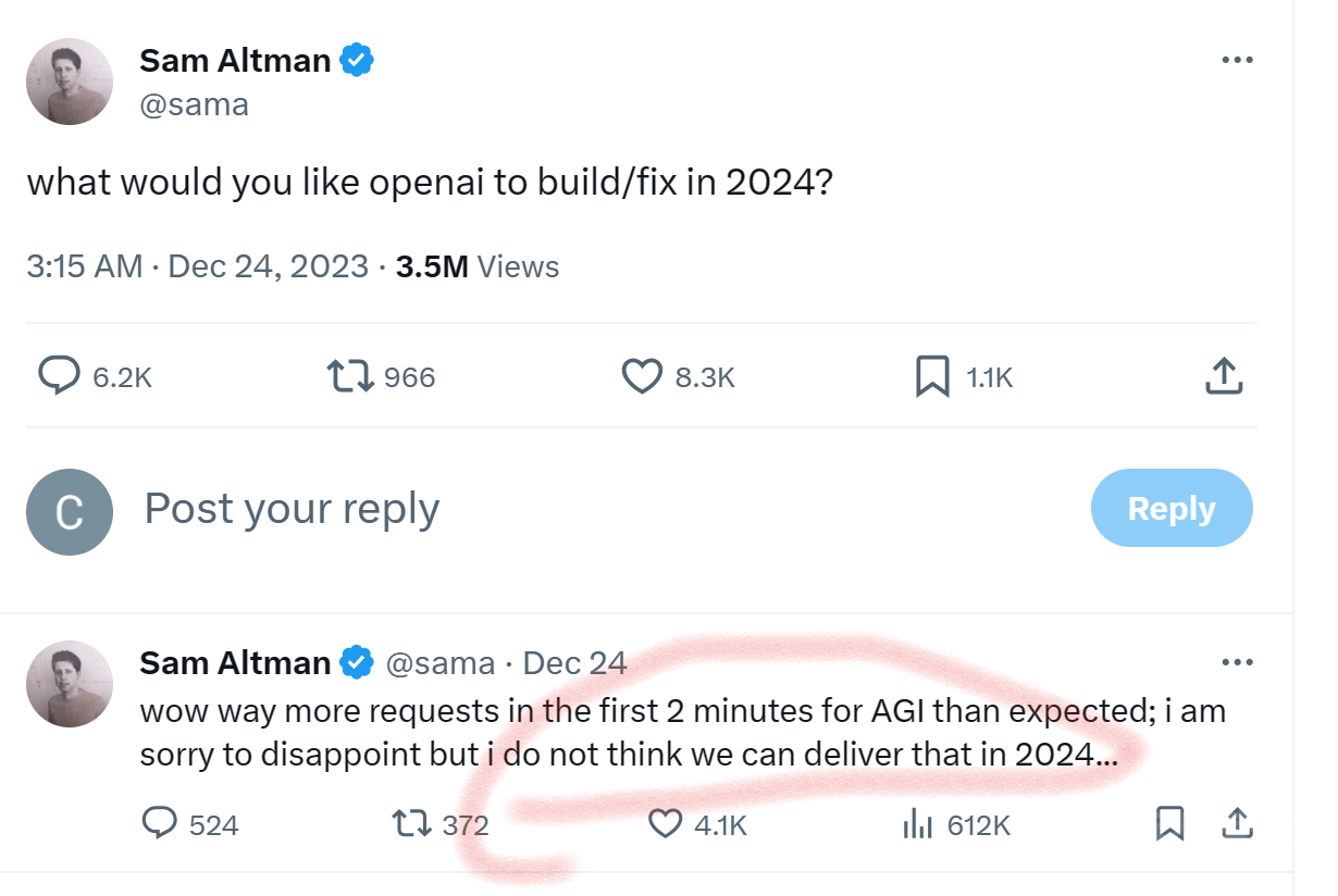 Sam Altman：预计Open AI将无法在2024年实现AGI目标