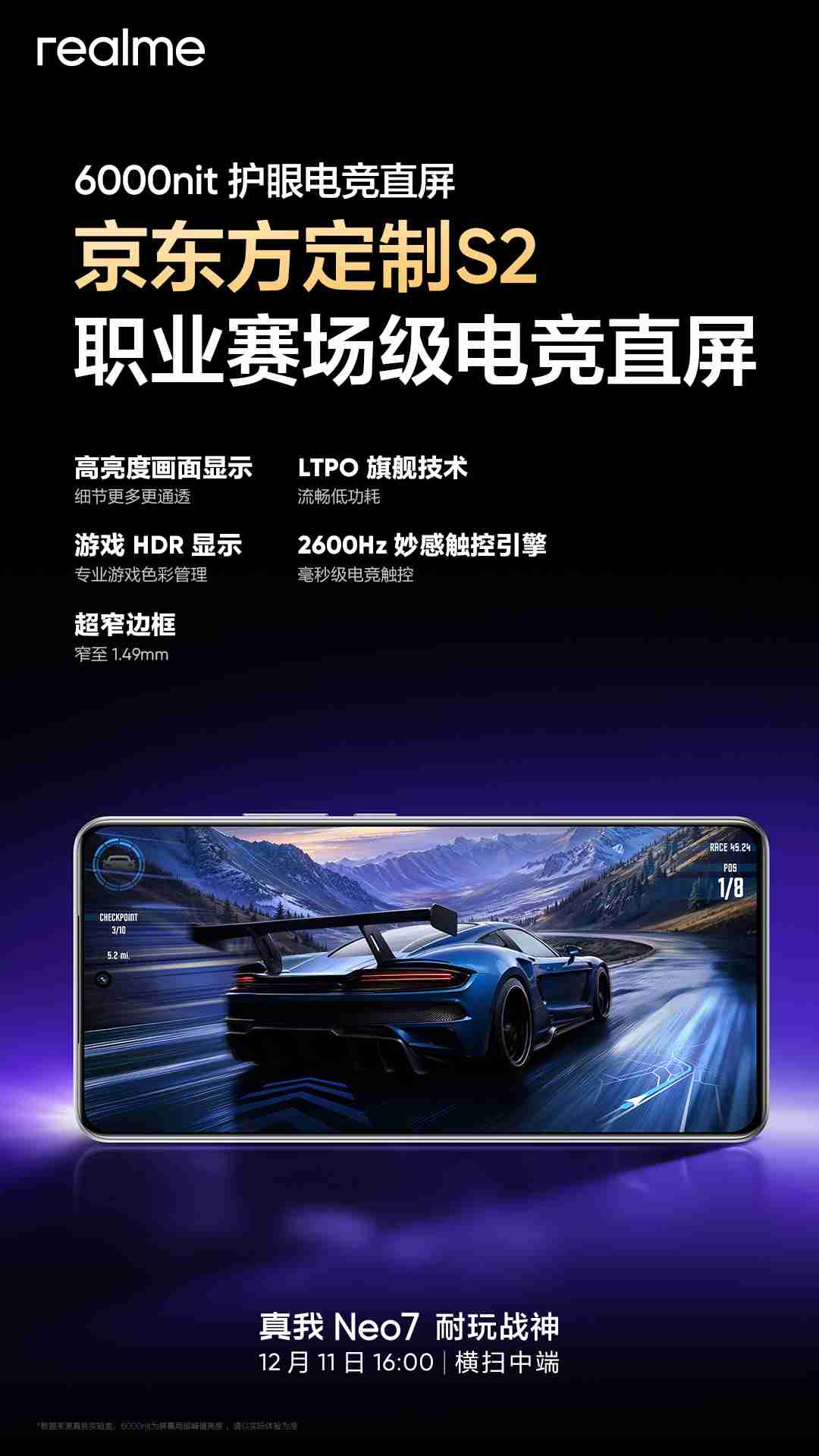 realme 真我 Neo7 手机搭载 6000nit 京东方定制 S2 柔性屏，支持全亮度类 DC 调光