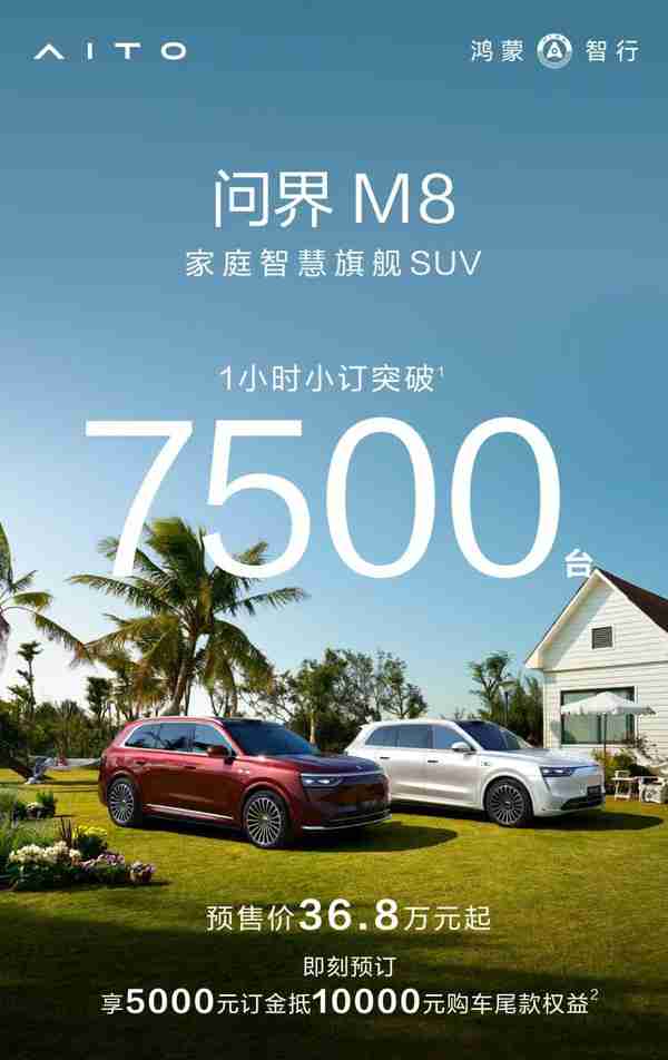 问界M8/新M9合计1小时小订突破1.1万台 预售36.8万起