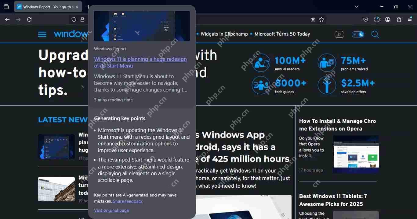 火狐 Firefox 浏览器测试 AI 链接悬停预览，解析网页关键点