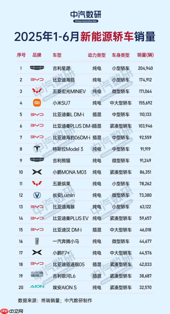 上半年新能源轿车及SUV销量榜出炉：吉利、特斯拉夺冠