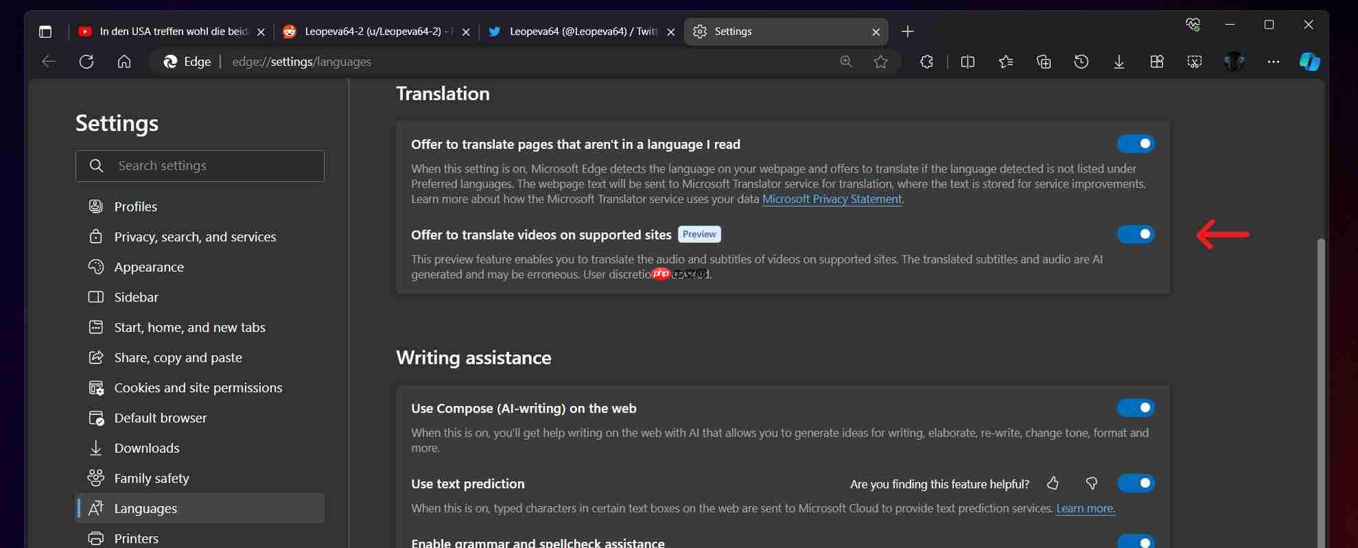 Edge 浏览器 Canary 版测试新特性：视频播放控件新增翻译切换开