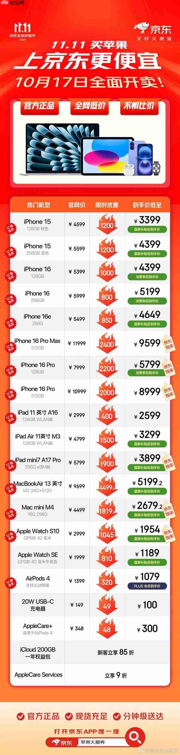 京东苹果双11今日全面开启：iPhone 17/Air全系降价 最高优惠800元