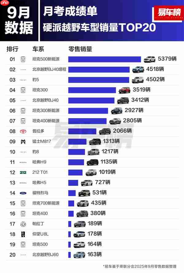 9月中国硬派越野车型销量排名：四款坦克杀入前十