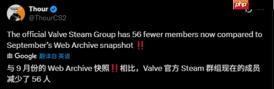 V社官方Steam组本月减少56人！或与《CS2》近期事件有关