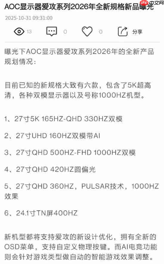 消息称AOC爱攻将推出多款新品：1000Hz超高刷显示器等