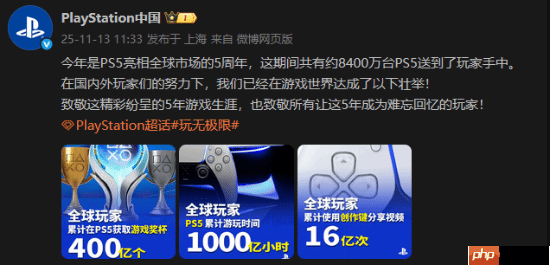 索尼官方公布PS5统计数据：全球累计游玩1000亿小时！