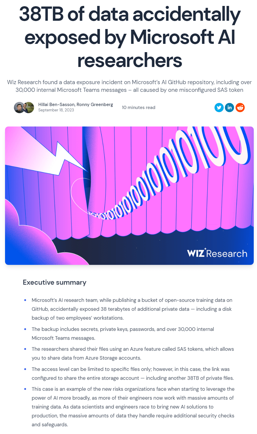 大量数据泄露！微软AI团队意外泄露3万多条内部信息