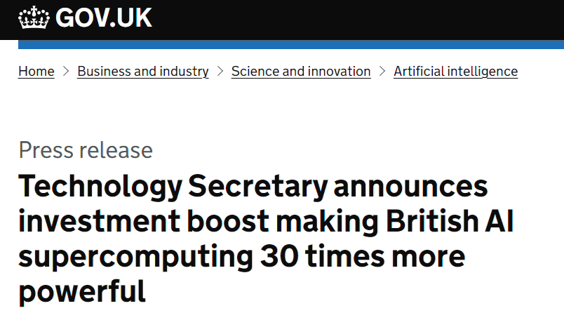 英国计划投资 2.25 亿英镑研发超级计算机，以推动 AI 大模型领域的发展