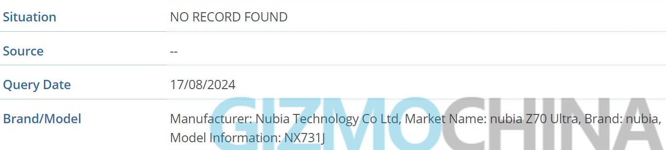 努比亚 z70 ultra 手机现身 imei 数据库，预计年底发布