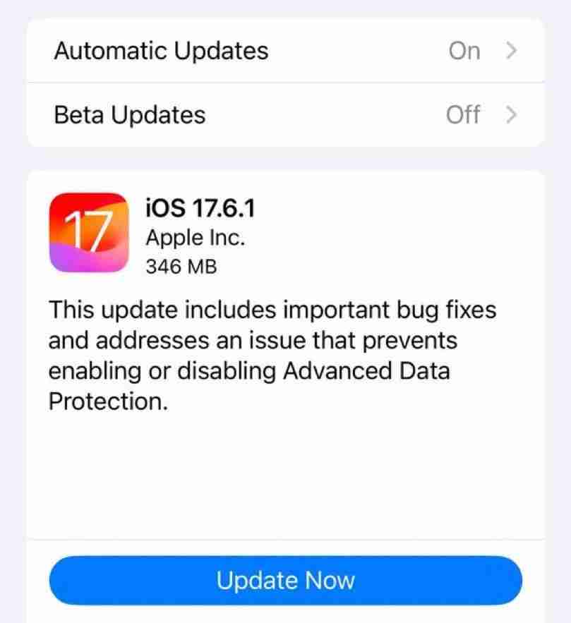 苹果iOS 17.6.1正式版发布：修复无法启用、禁用高级数据保护功能问题