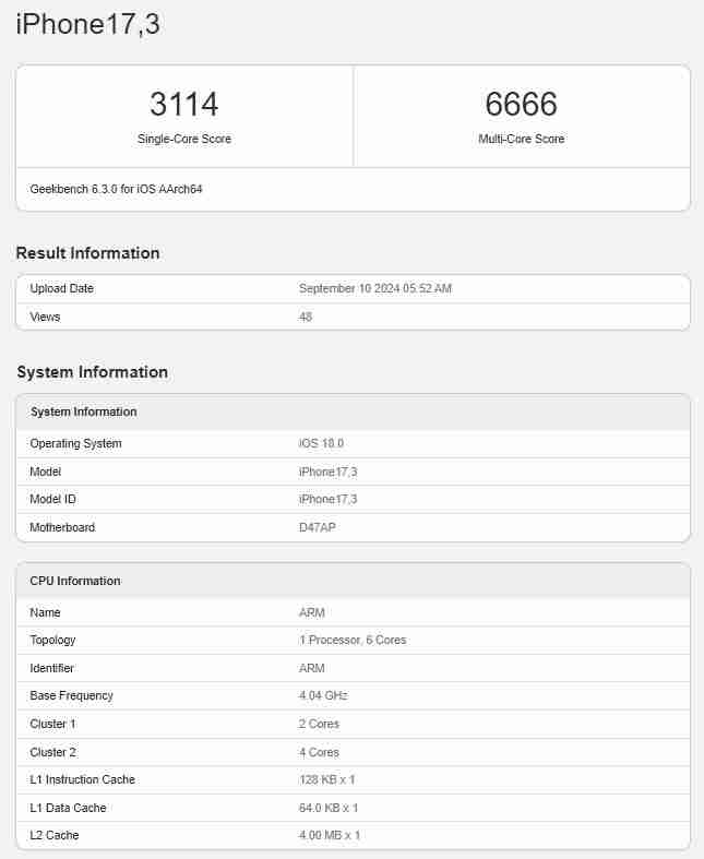 苹果 iPhone 16 Geekbench 跑分出炉，A18 处理器单核成绩 3114 分