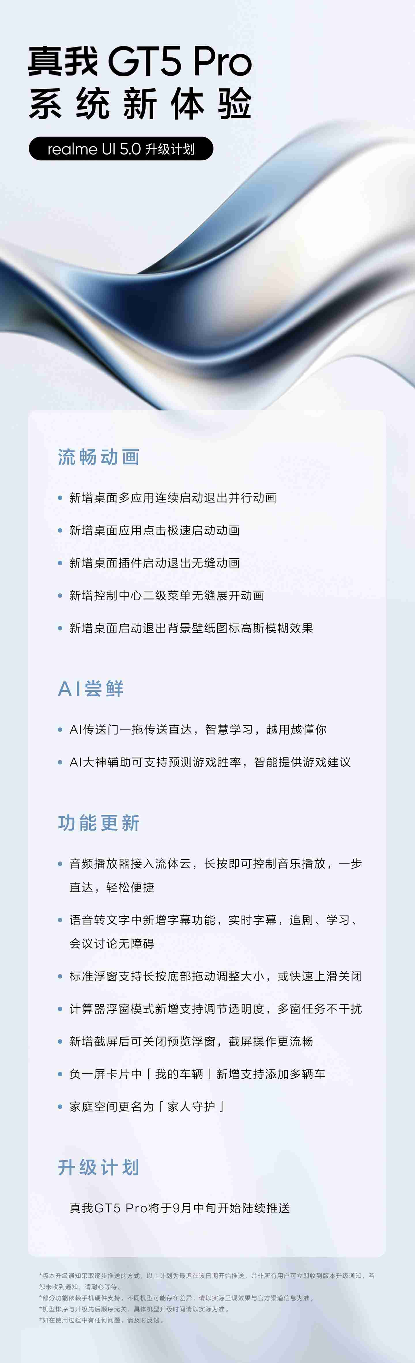 真我 GT5 Pro 手机 realme UI 5.0 升级计划公布：新增多项系统动画、音频播放器接入流体云， 9 月中旬推送