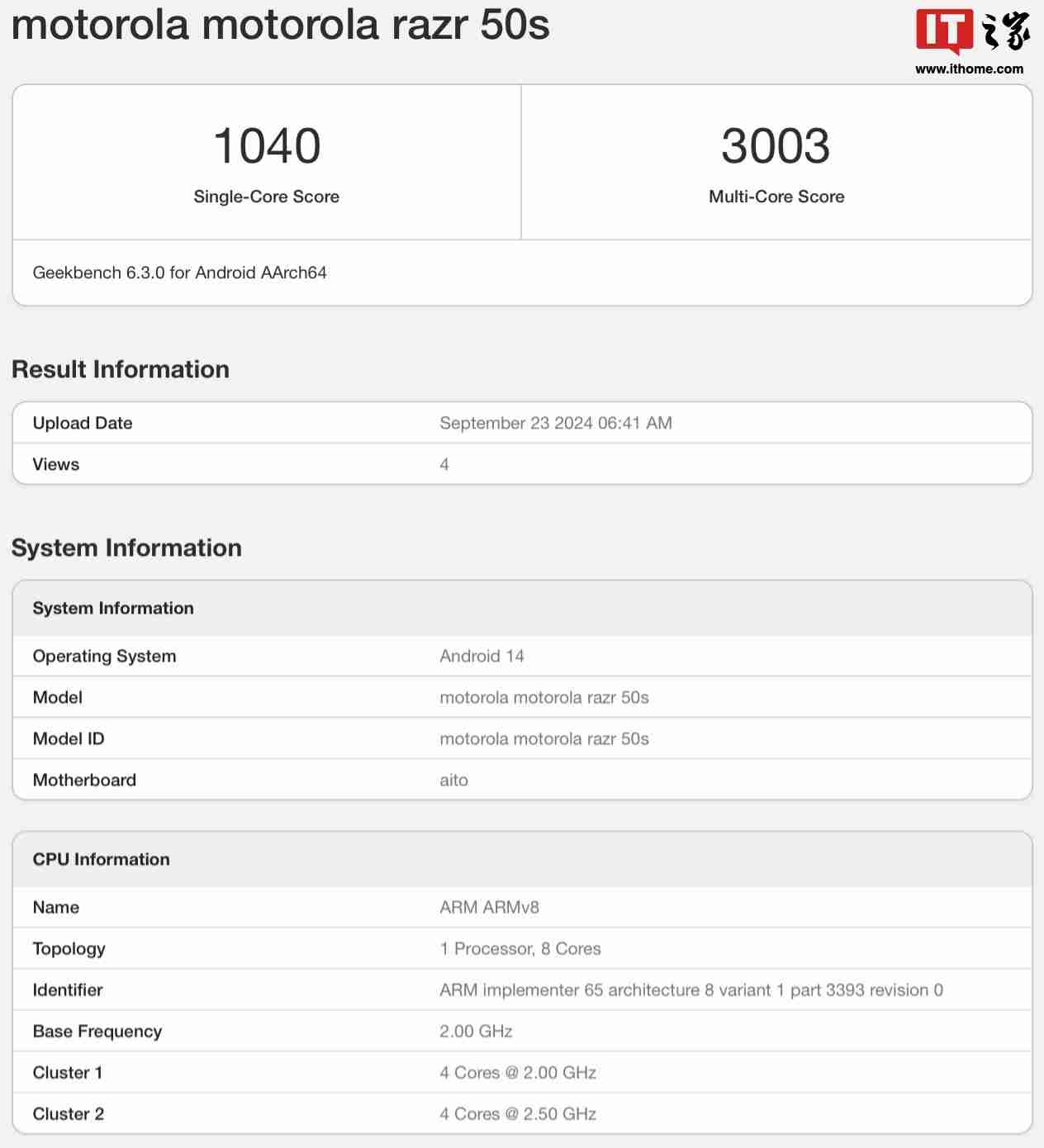 摩托罗拉 razr 50s 折叠屏手机现身 geekbench：天玑 7300，配 8gb ram