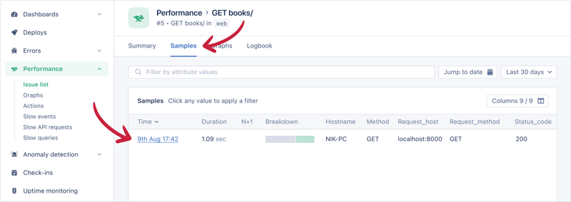 appsignal performance issue list details samples