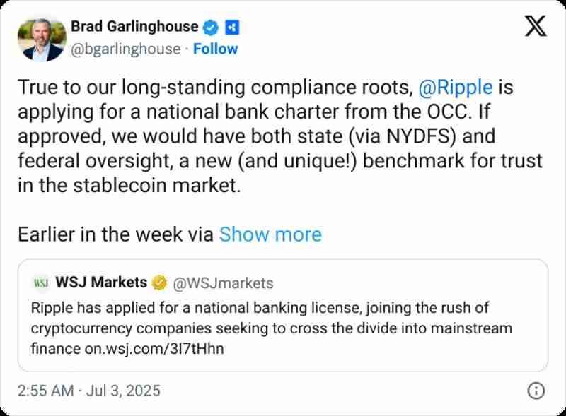 Ripple申请美国银行牌照加入加密合规化浪潮