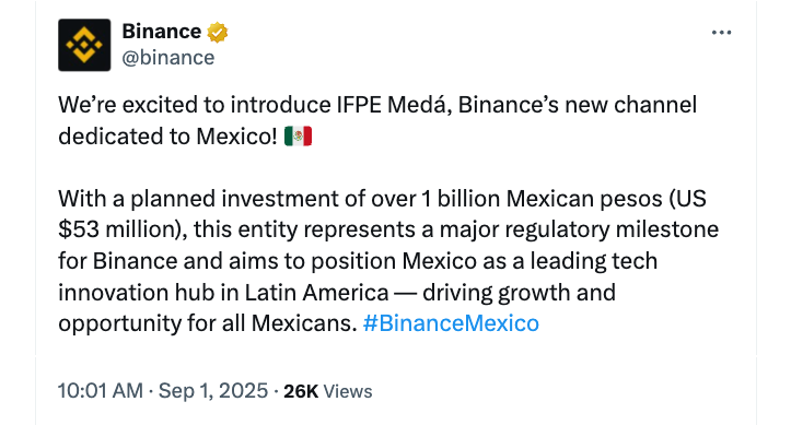 币安(Binance)将推出其新的墨西哥实体Medá，计划投资5300万美元