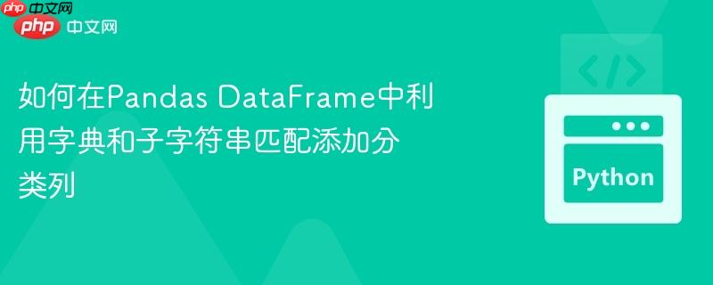 如何在Pandas DataFrame中利用字典和子字符串匹配添加分类列