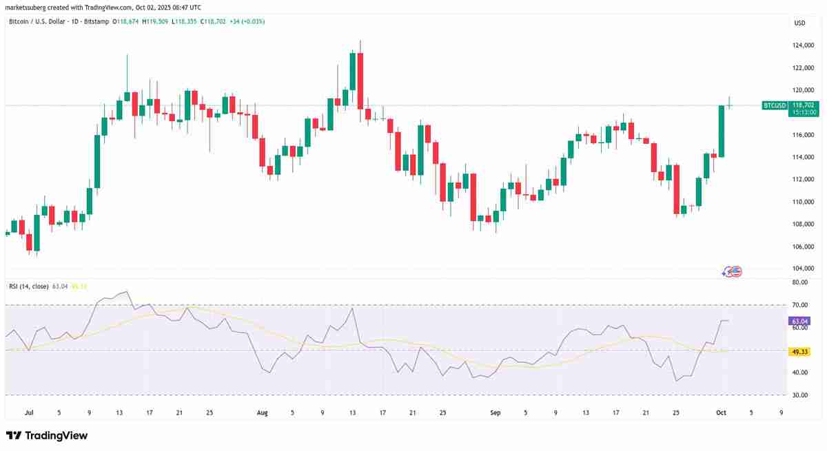 比特币(BTC)突破11.95万美元，预警RSI显示可能迎来回调