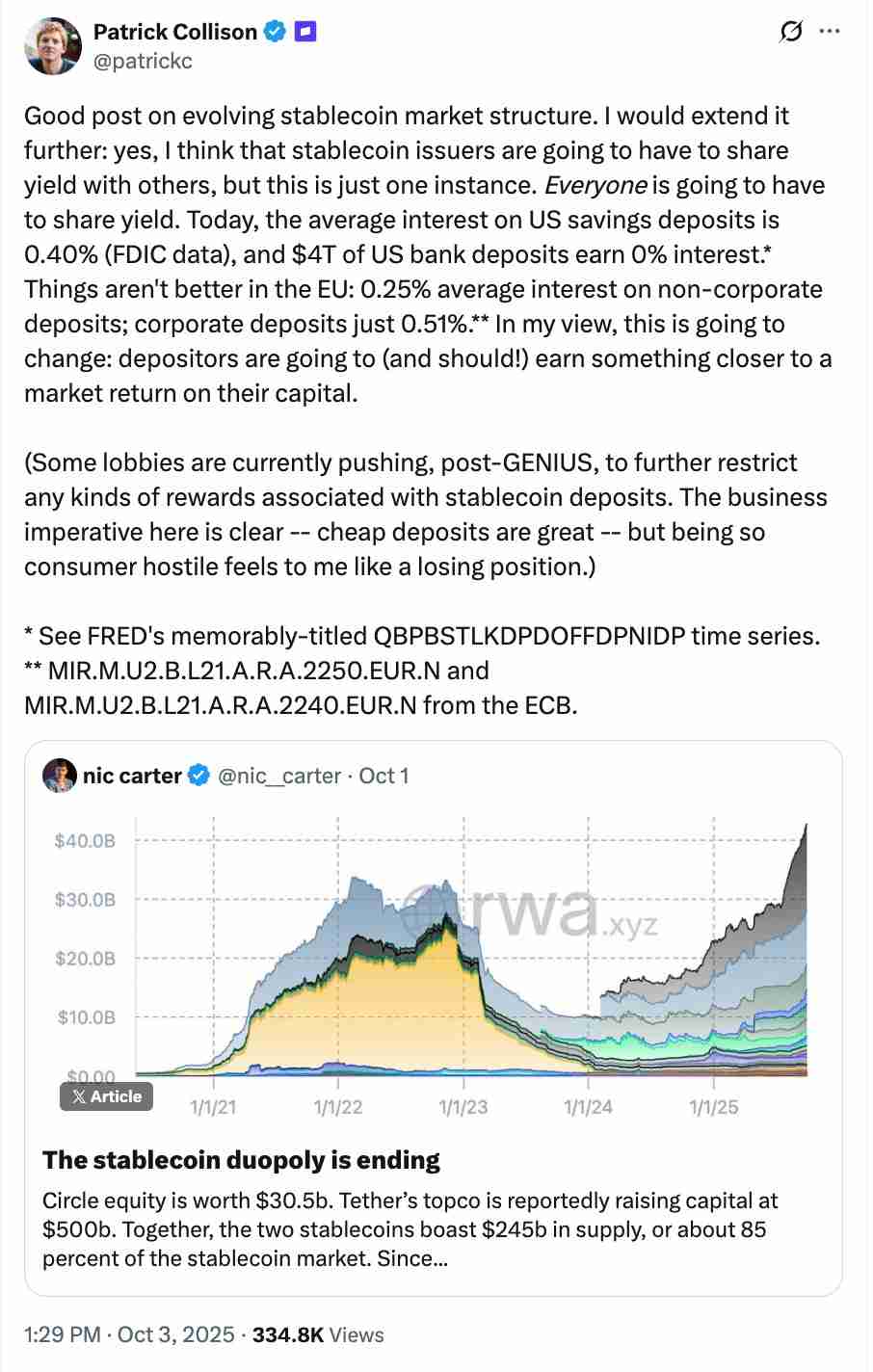 Stripe CEO（帕特里克·科里森）分析：稳定币将迫使“所有人”共享收益
