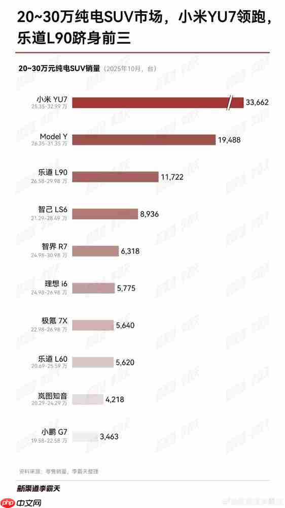20万-30万元纯电SUV销量榜单出炉：小米YU7断档第一