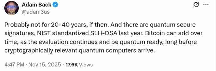 Adam Back分析：比特币（BTC）在未来20至40年内无量子风险